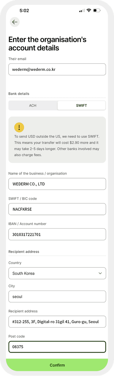 organisation's account details