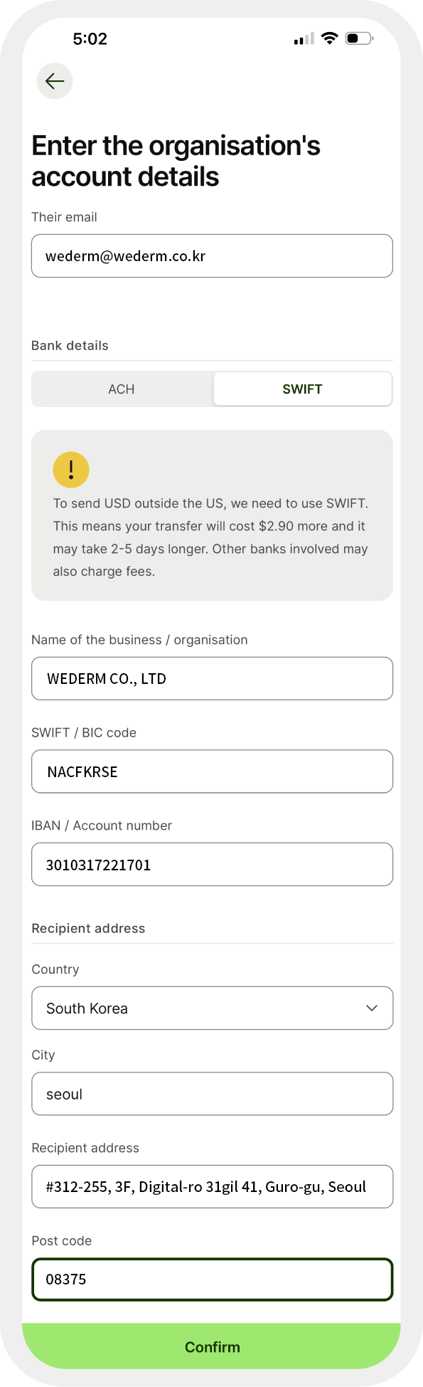 organisation's account details